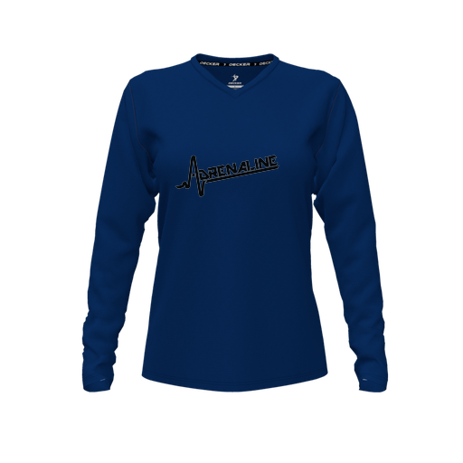 [CUS-DFW-TEES-CMF-VNK-LSL-NVY-FYXS-LOGO1] Decker Comfort T-Shirt (Female Youth XS, Navy, V Neck, Logo 1, Long Sleeve)